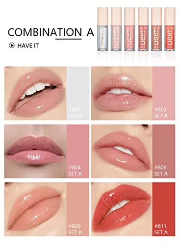 HANDAIYAN LIP GLOSS FOR WOMEN - 6 Shades of Nude Lip Gloss Lip Plumping LipGloss Lip Oil Transparent Clear Moisturizing Liquid Lipstick for Women and Girls (GLOSS A B)