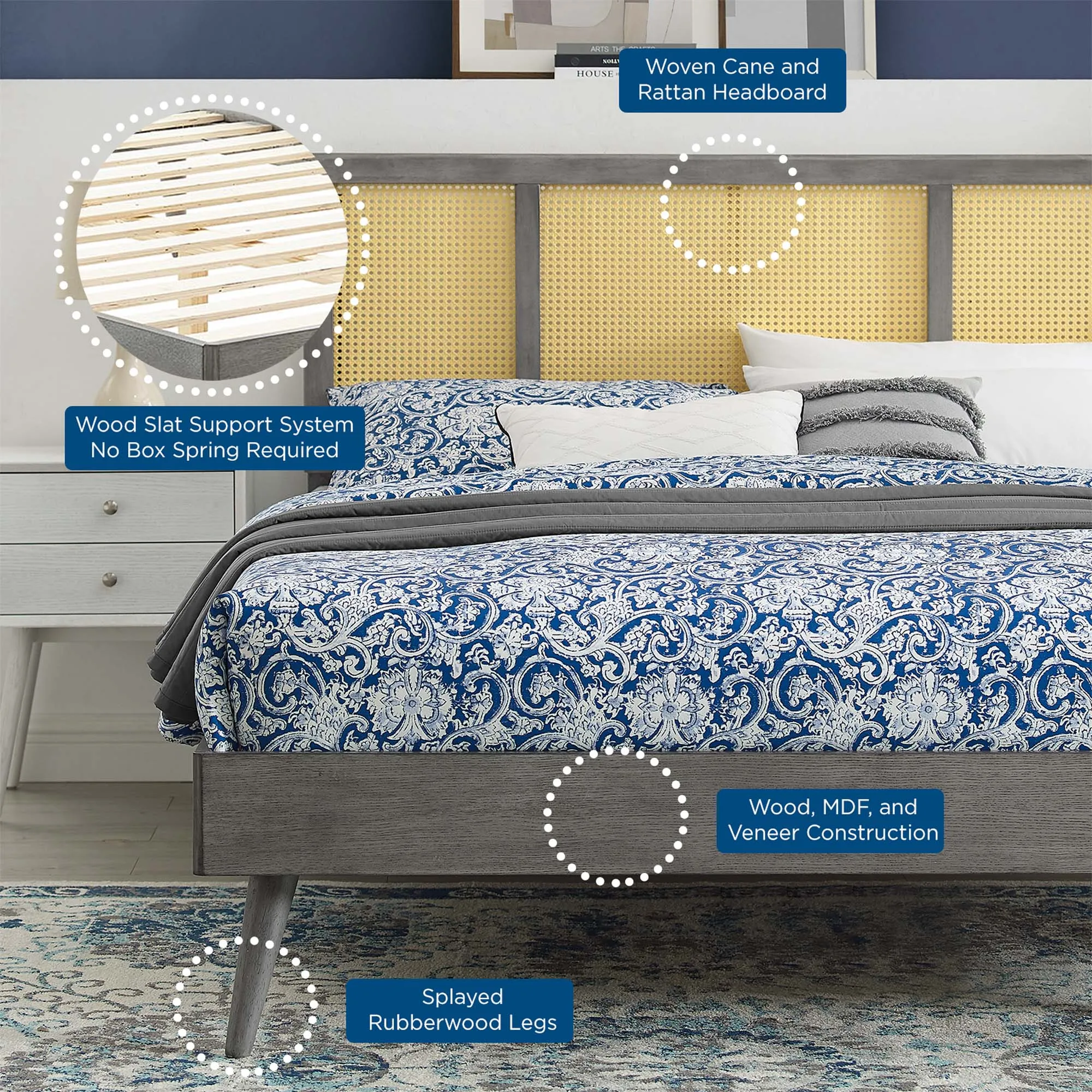 Kelsea Cane and Wood Platform Bed With Splayed Legs by Modway