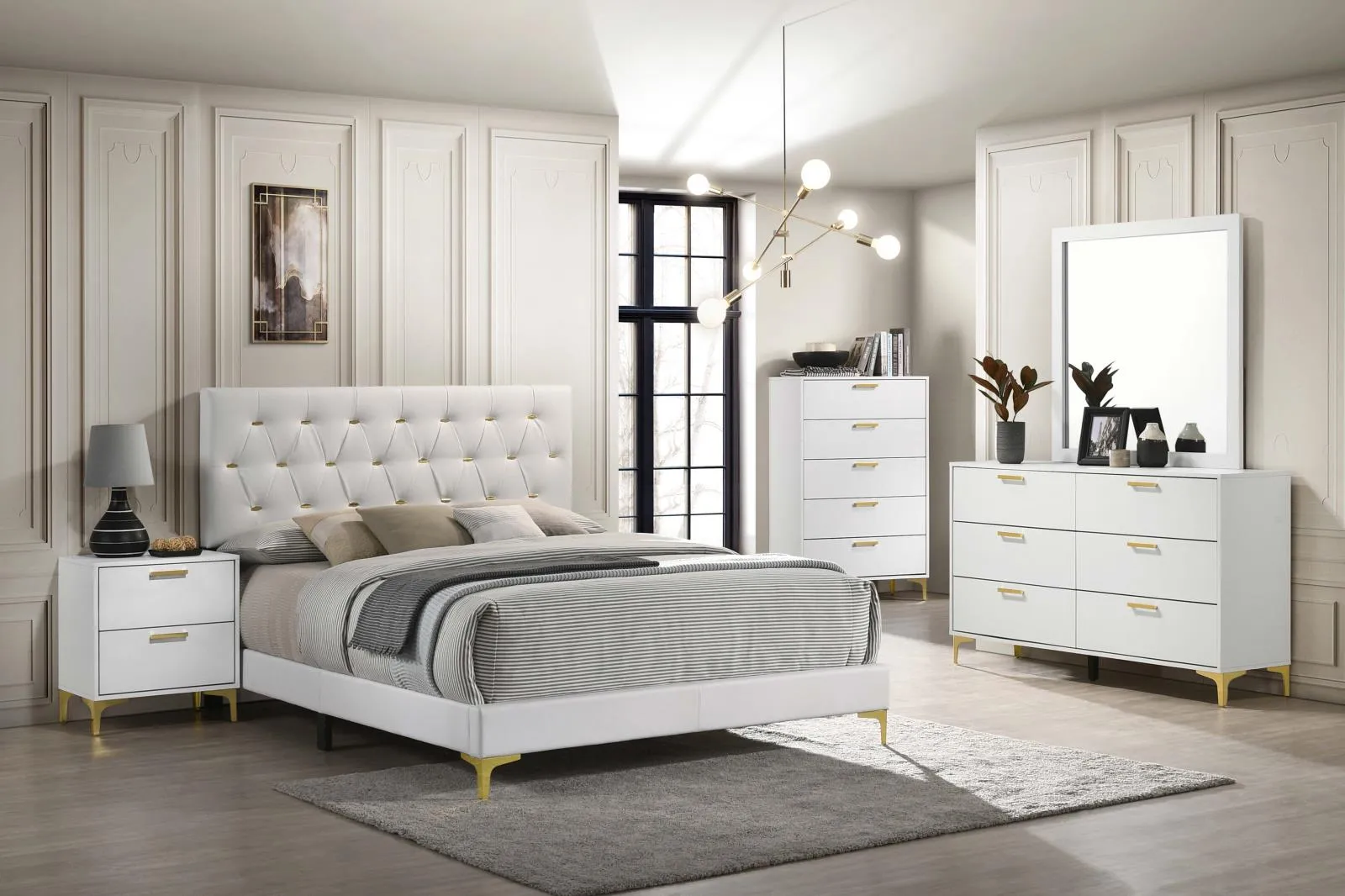 Kendall White/Gold Upholstered Panel Bedroom Set