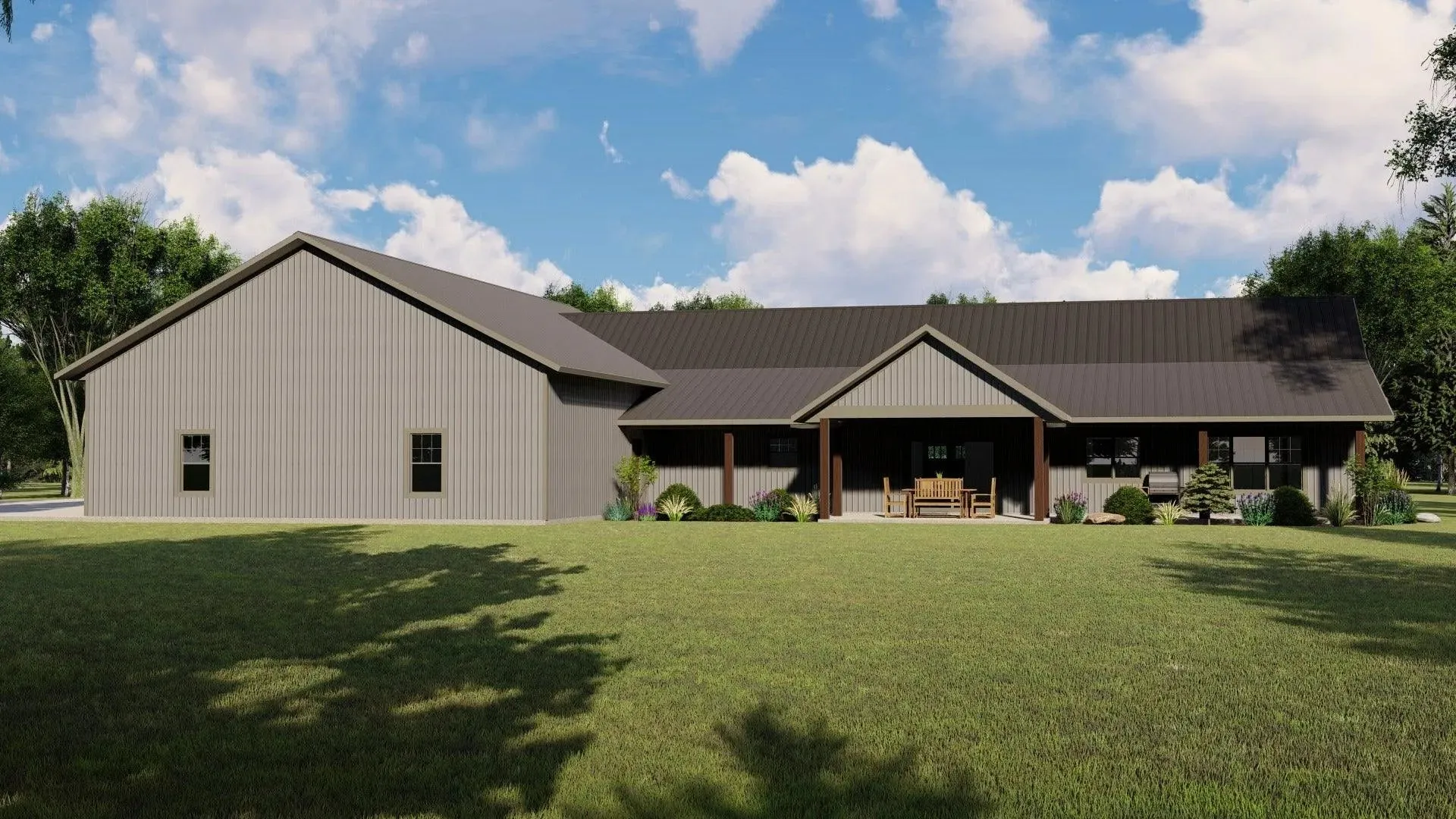 Large home with three bedrooms, expansive porch, and garage.