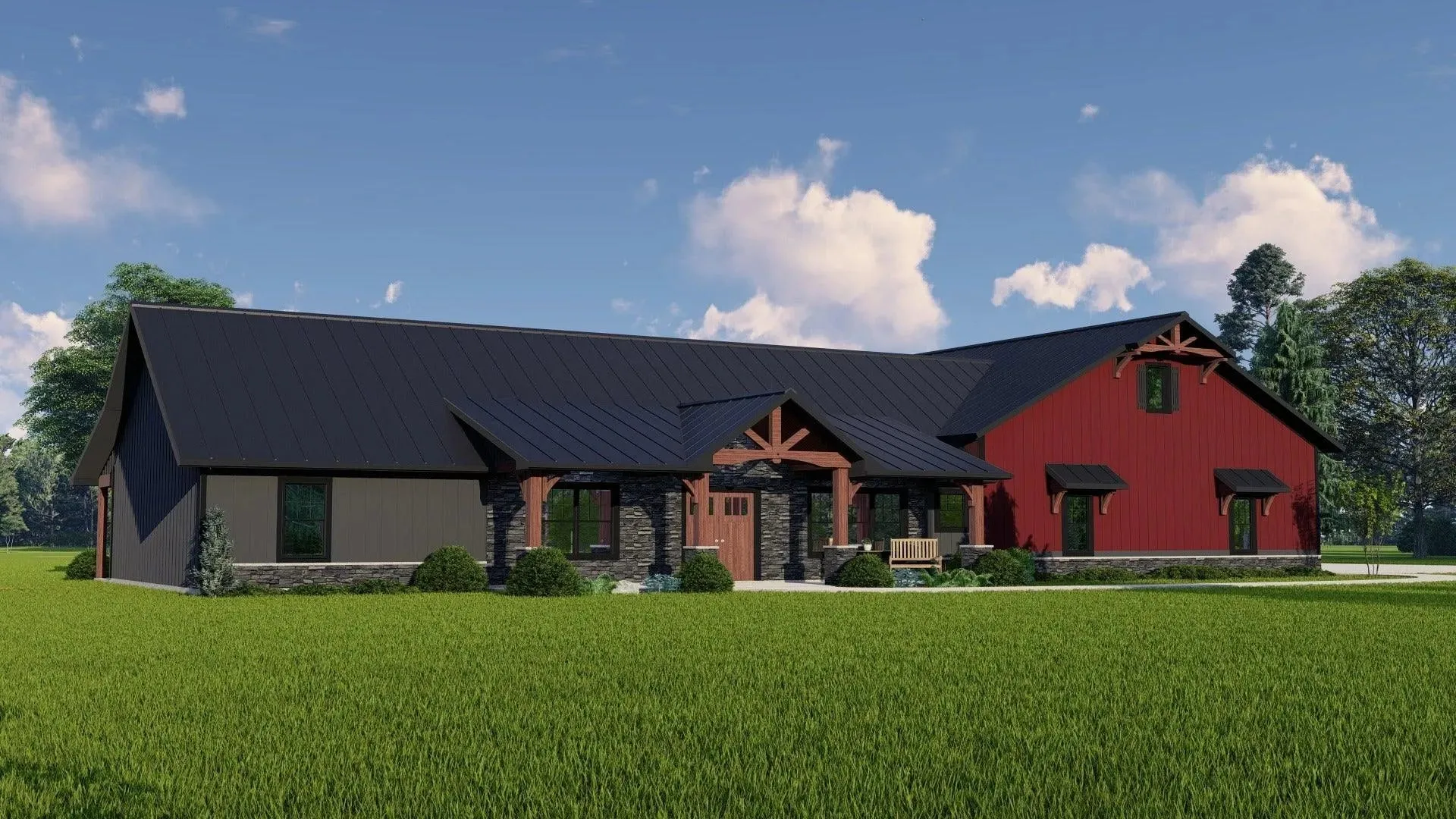 Large home with three bedrooms, expansive porch, and garage.