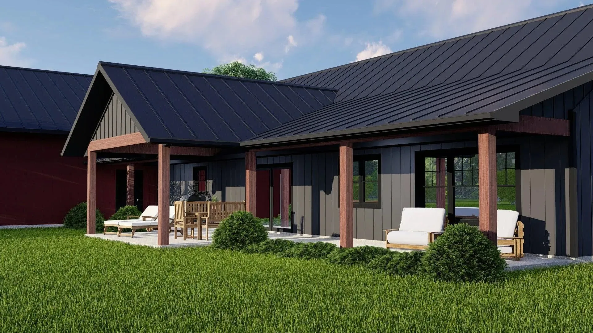 Large home with three bedrooms, expansive porch, and garage.