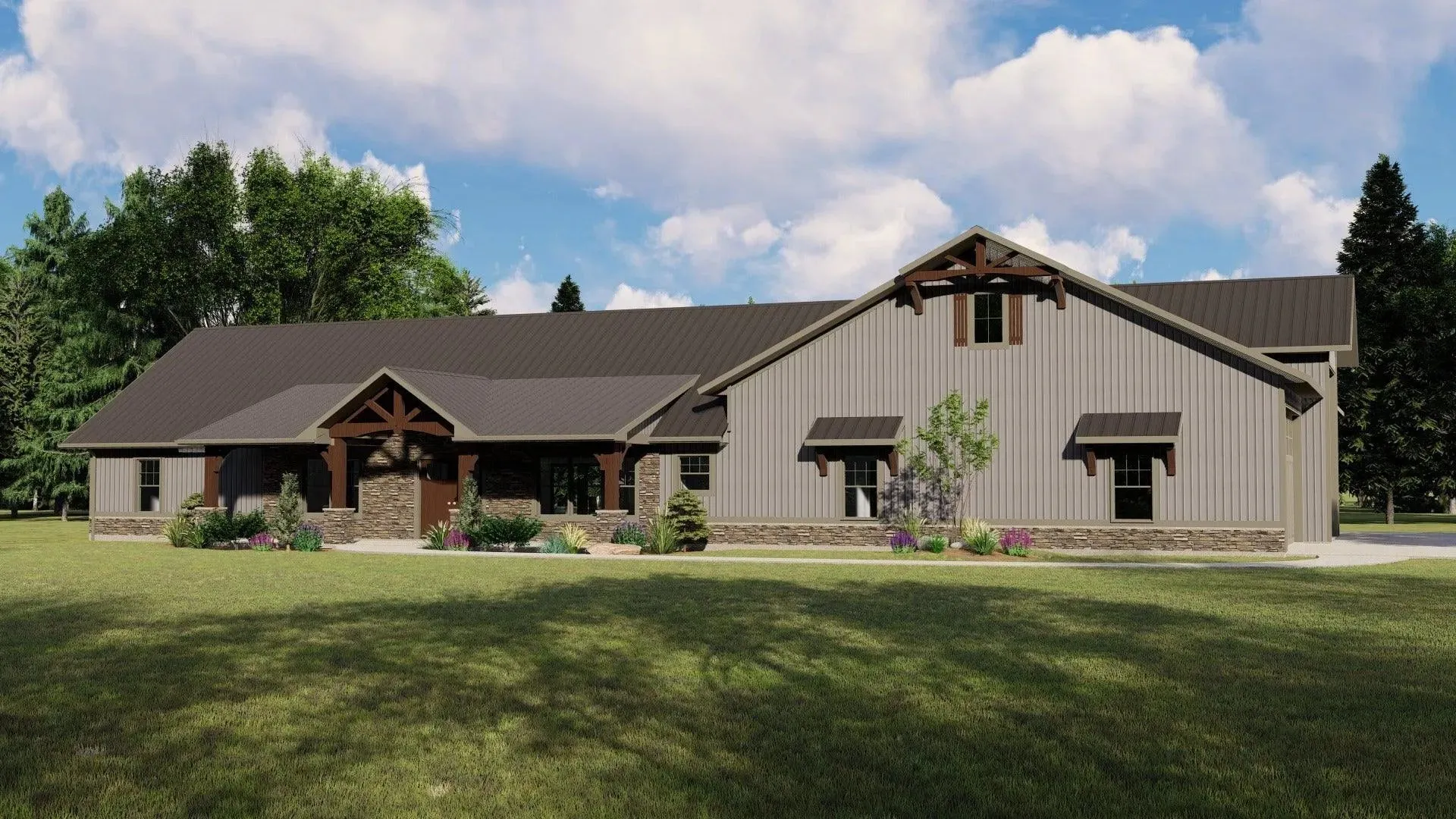 Large home with three bedrooms, expansive porch, and garage.