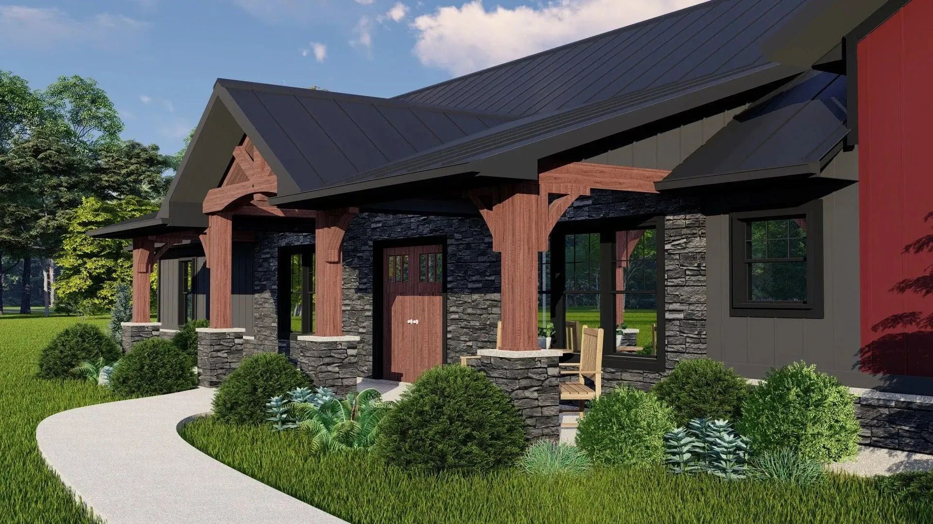 Large home with three bedrooms, expansive porch, and garage.