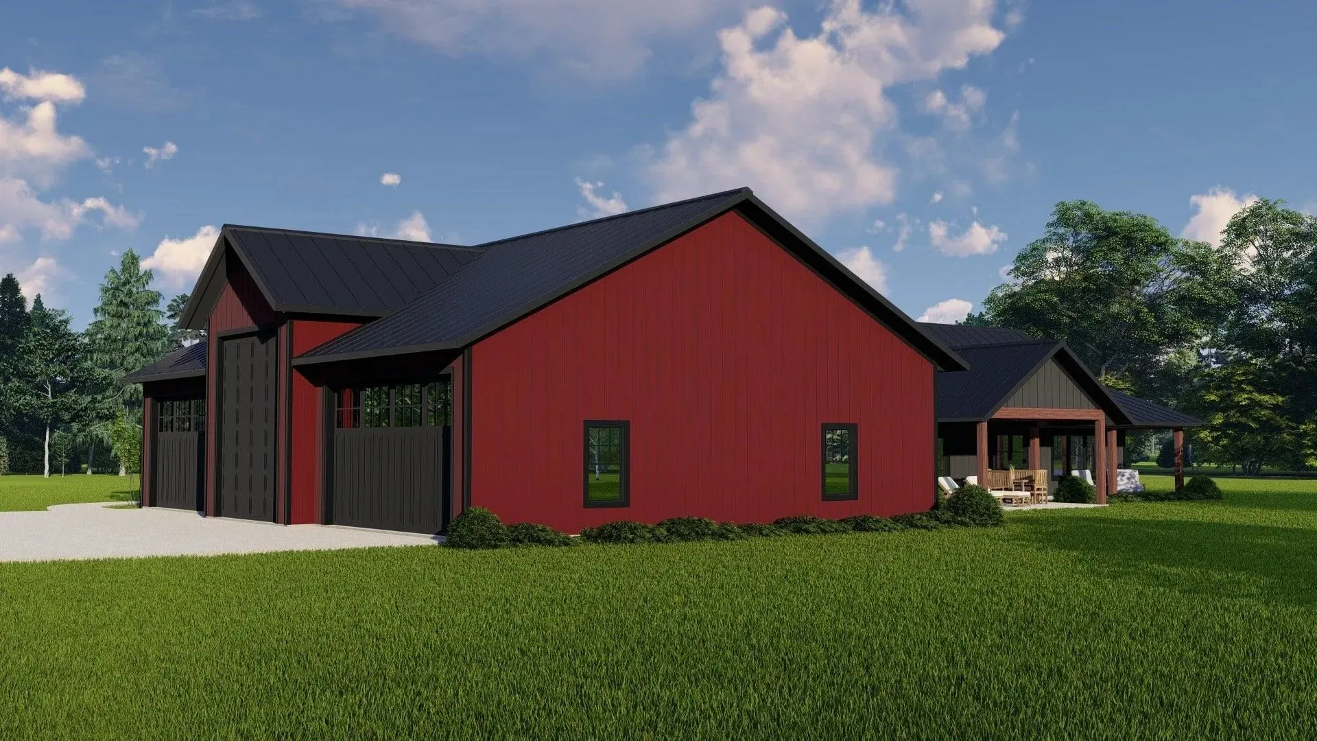 Large home with three bedrooms, expansive porch, and garage.