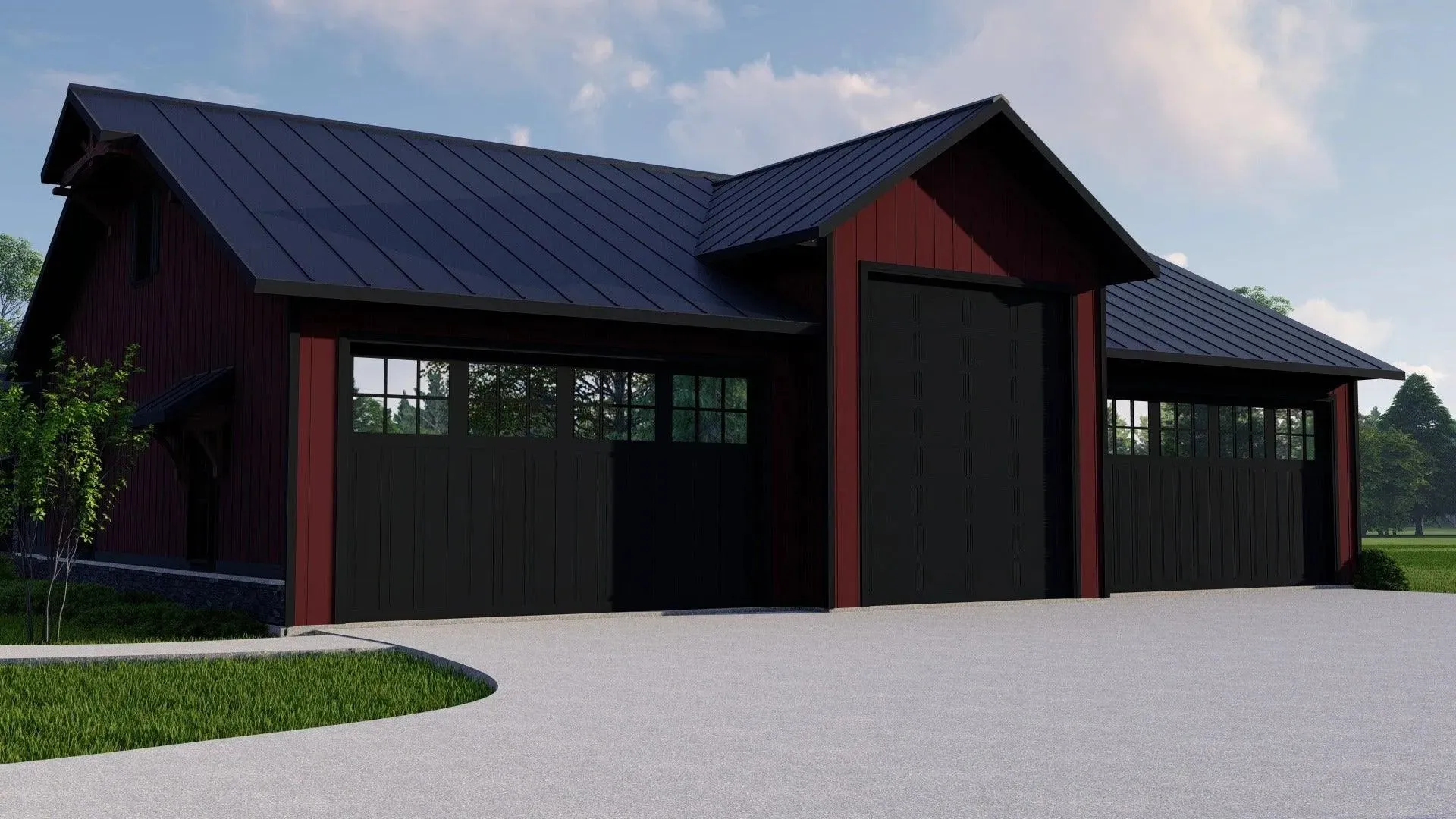 Large home with three bedrooms, expansive porch, and garage.