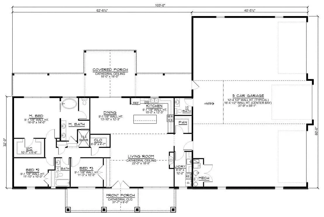 Large home with three bedrooms, expansive porch, and garage.