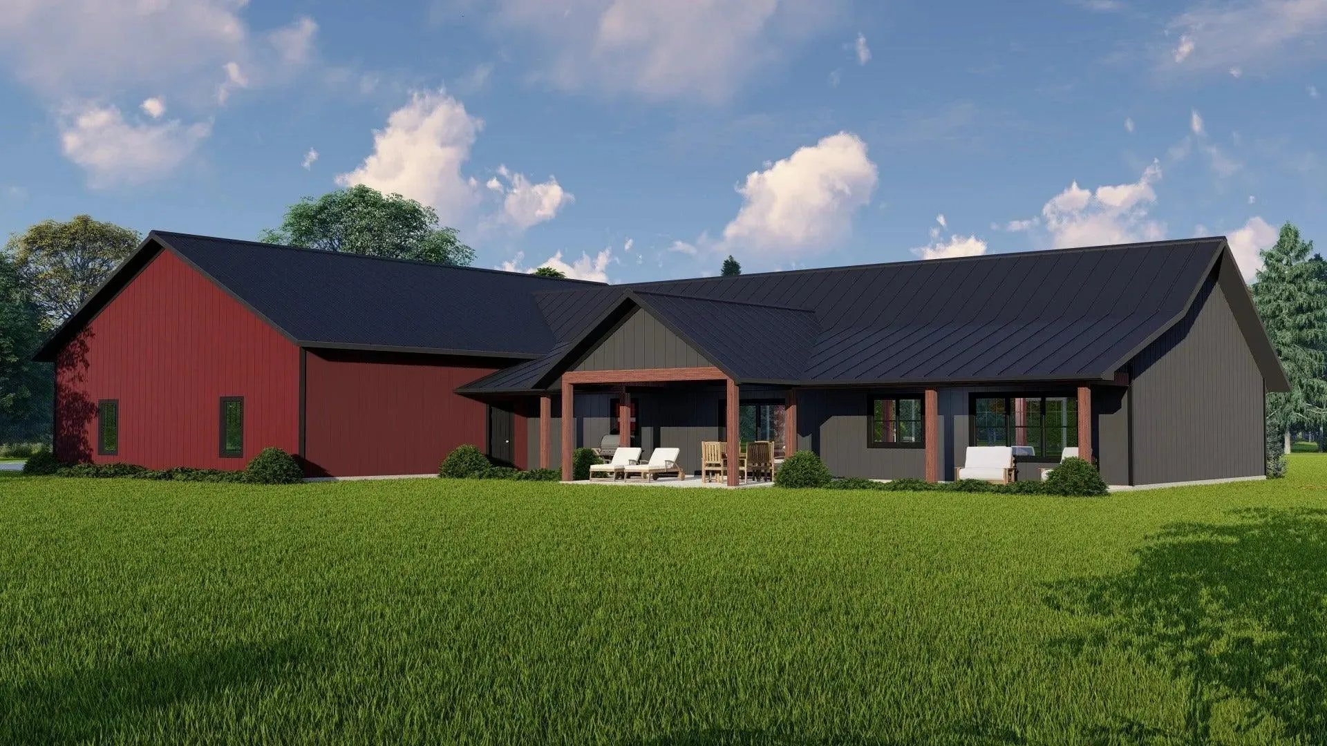 Large home with three bedrooms, expansive porch, and garage.