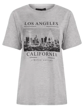LTD LA Motif Cotton T-Shirt With Pearl Embellishments in Light Grey Marl - Weekend Vibes