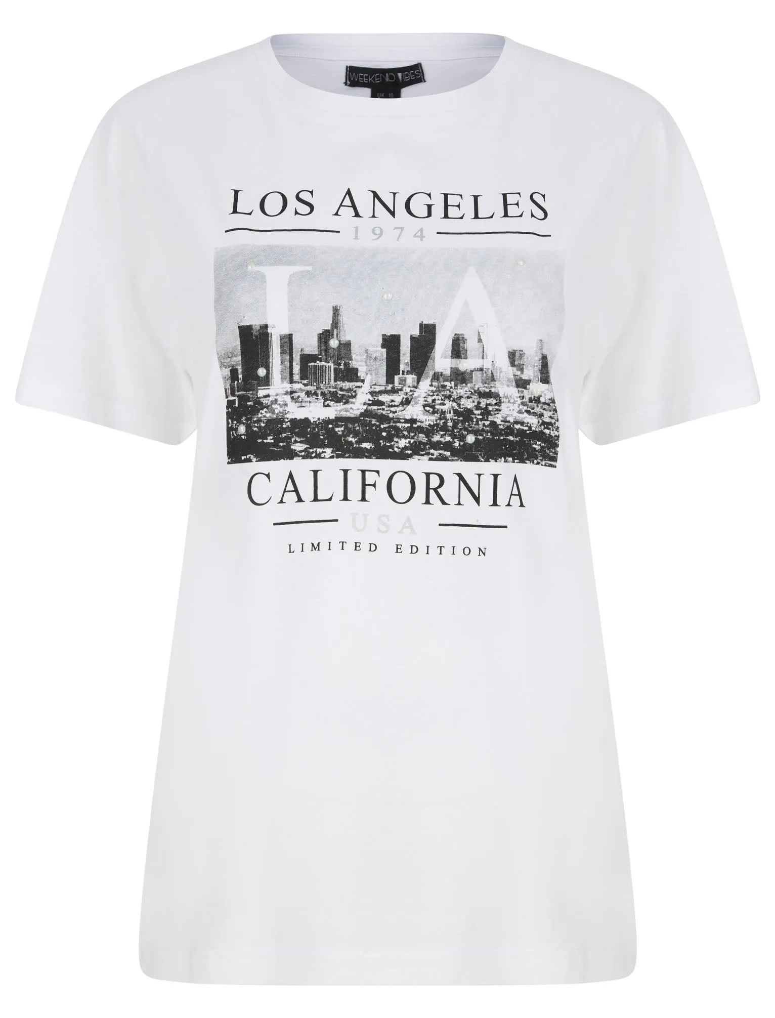 LTD LA Motif Cotton T-Shirt With Pearl Embellishments in Optic White - Weekend Vibes