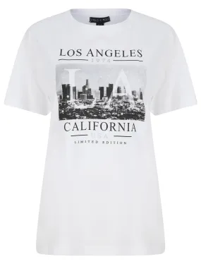 LTD LA Motif Cotton T-Shirt With Pearl Embellishments in Optic White - Weekend Vibes