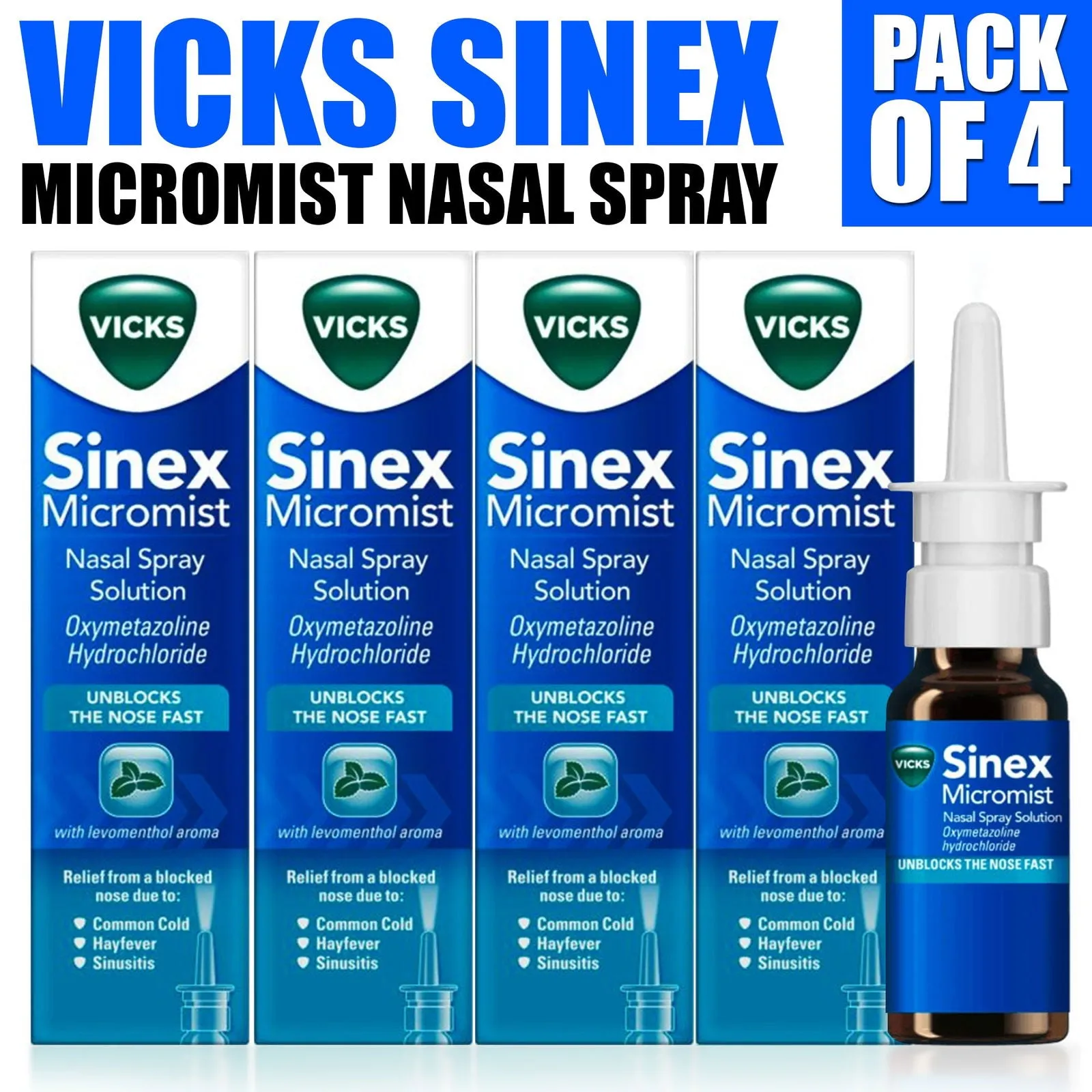 Pack of 4 Vicks Sinex Micromist Nasal Spray 15ml Solution