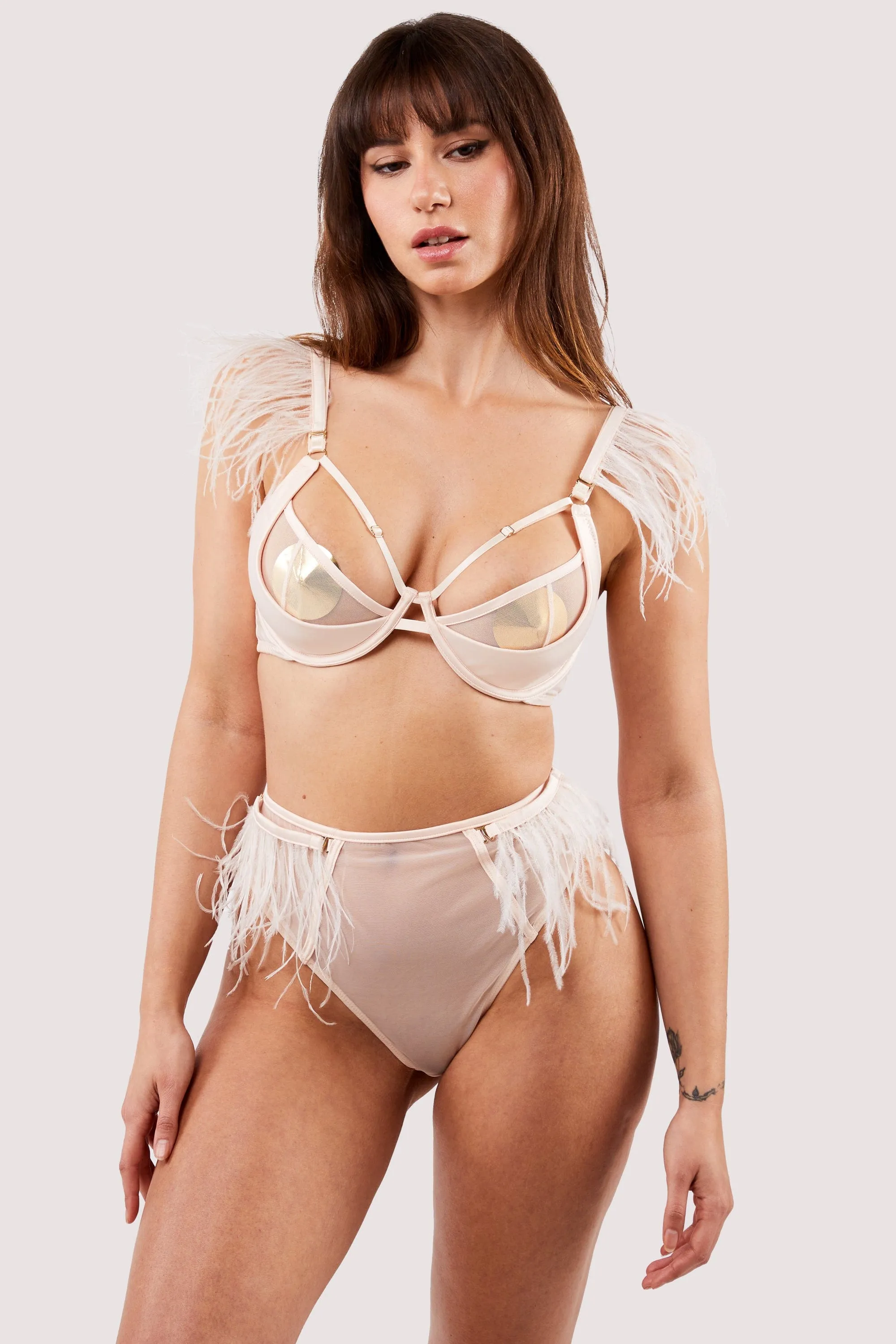 Phoenix Blush Mesh And Satin Feather Bra