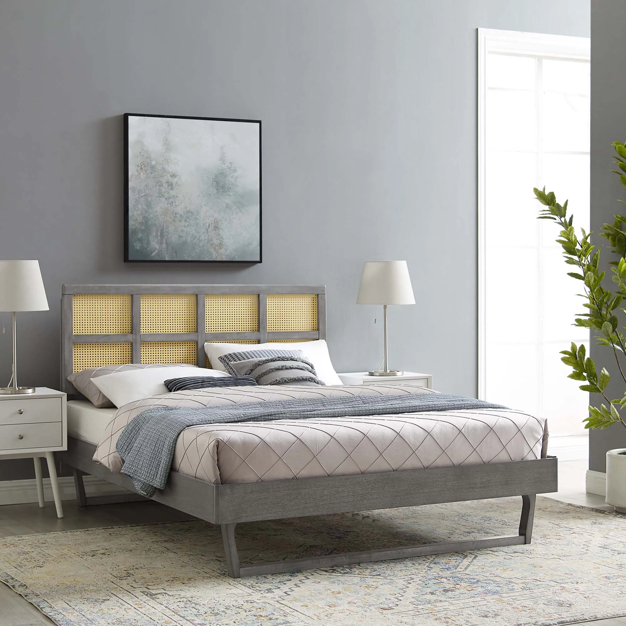 Sidney Cane and Wood Platform Bed With Angular Legs by Modway